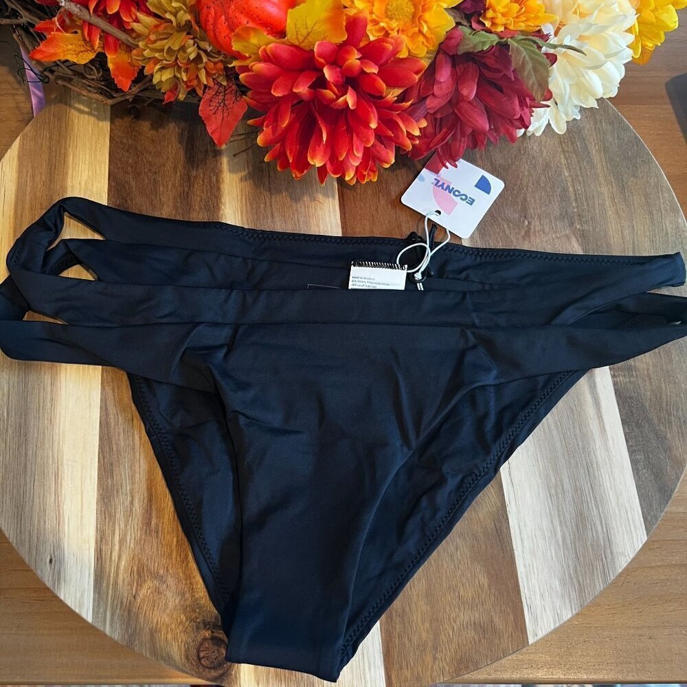 prAna Sugar Shore Low-Rise Swim Bottom LARGE Black Peek-a-boo Side Waist UPF 50+